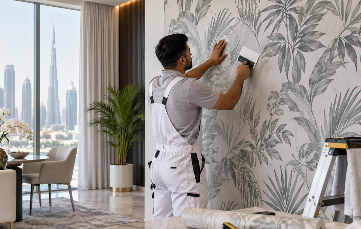 Wall Paper Fixing in a Dubai interior